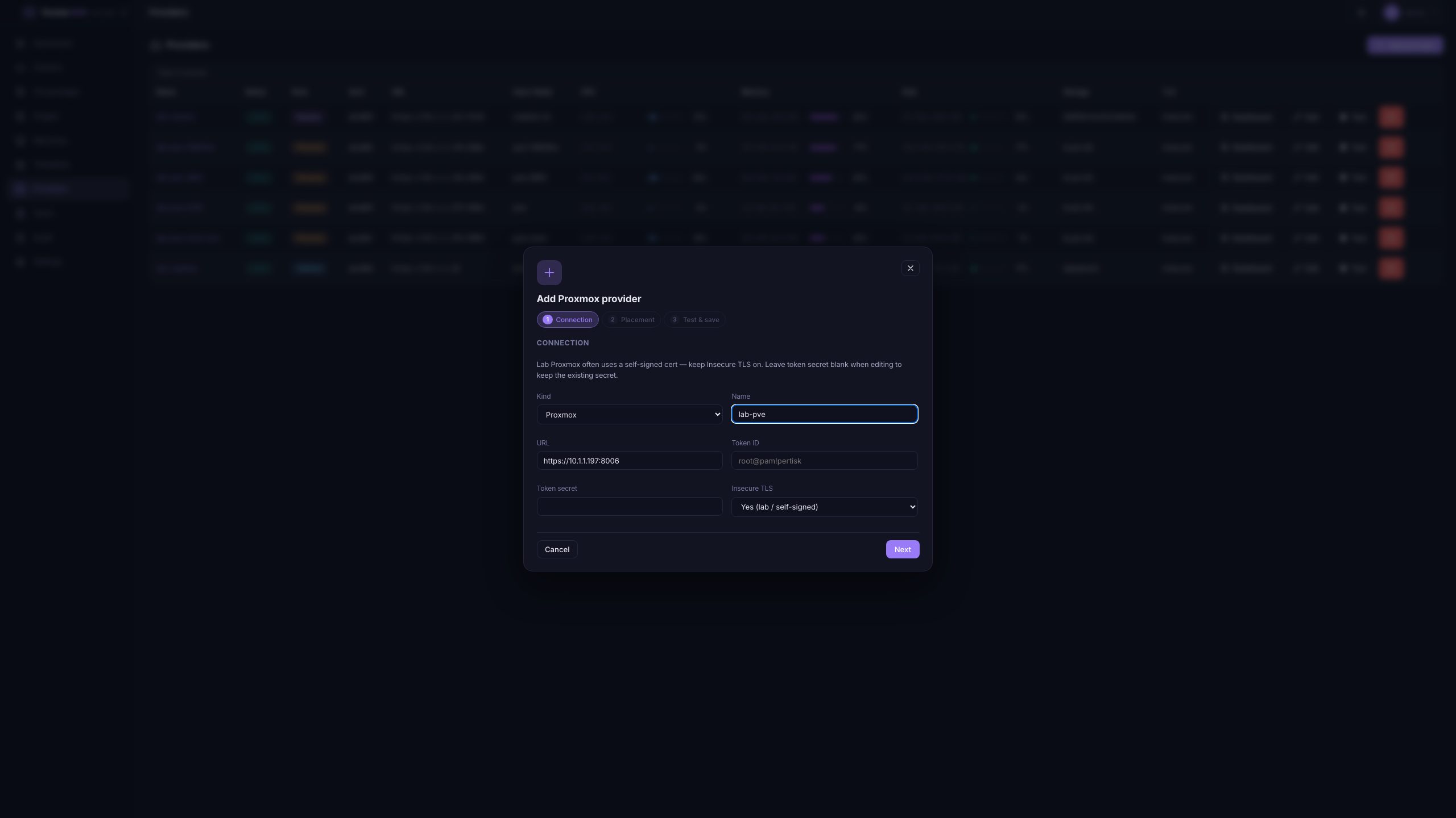 Add provider wizard — Connection, Placement, Test