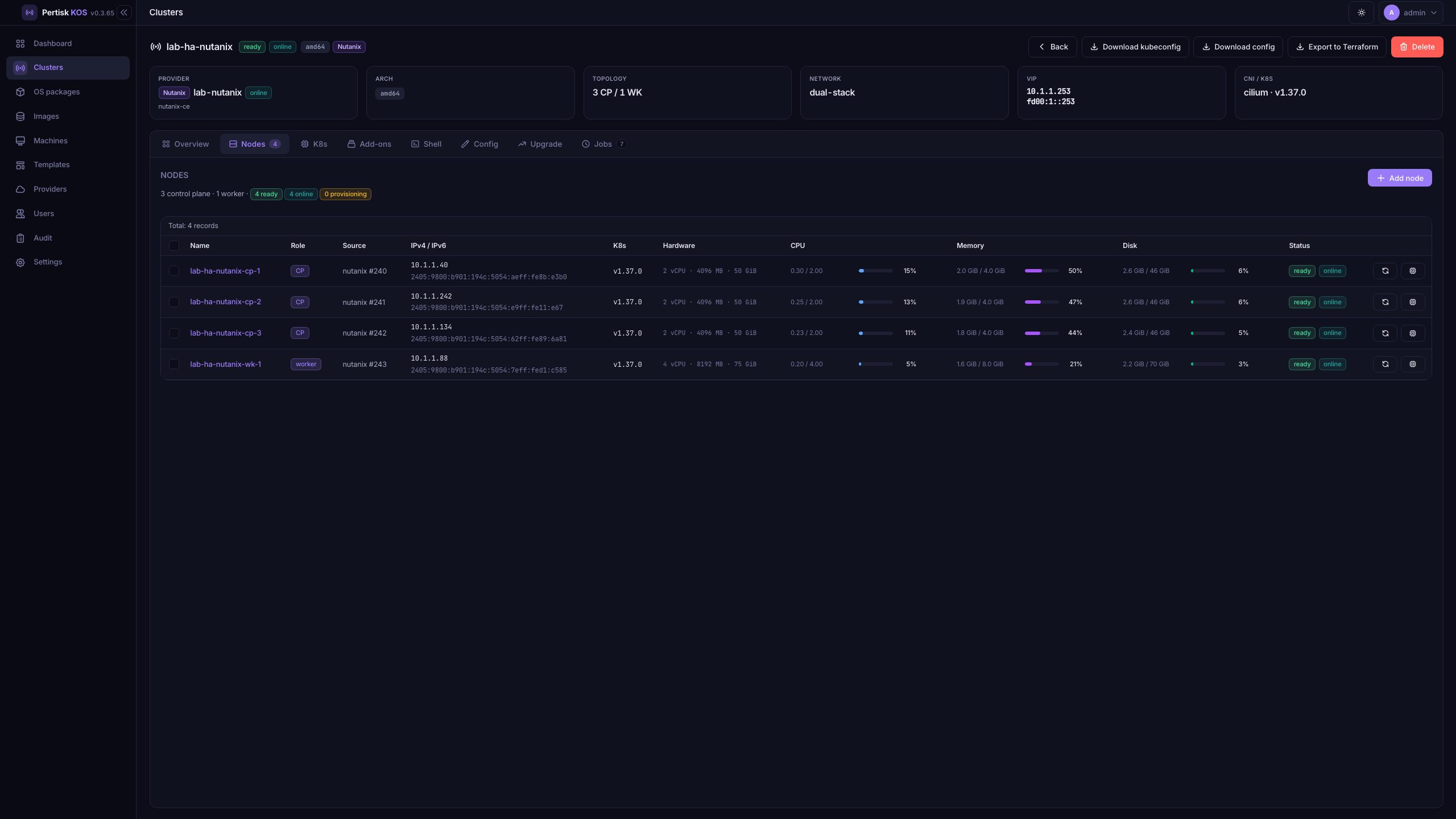 Cluster Nodes tab — inventory, reboot, resize hardware