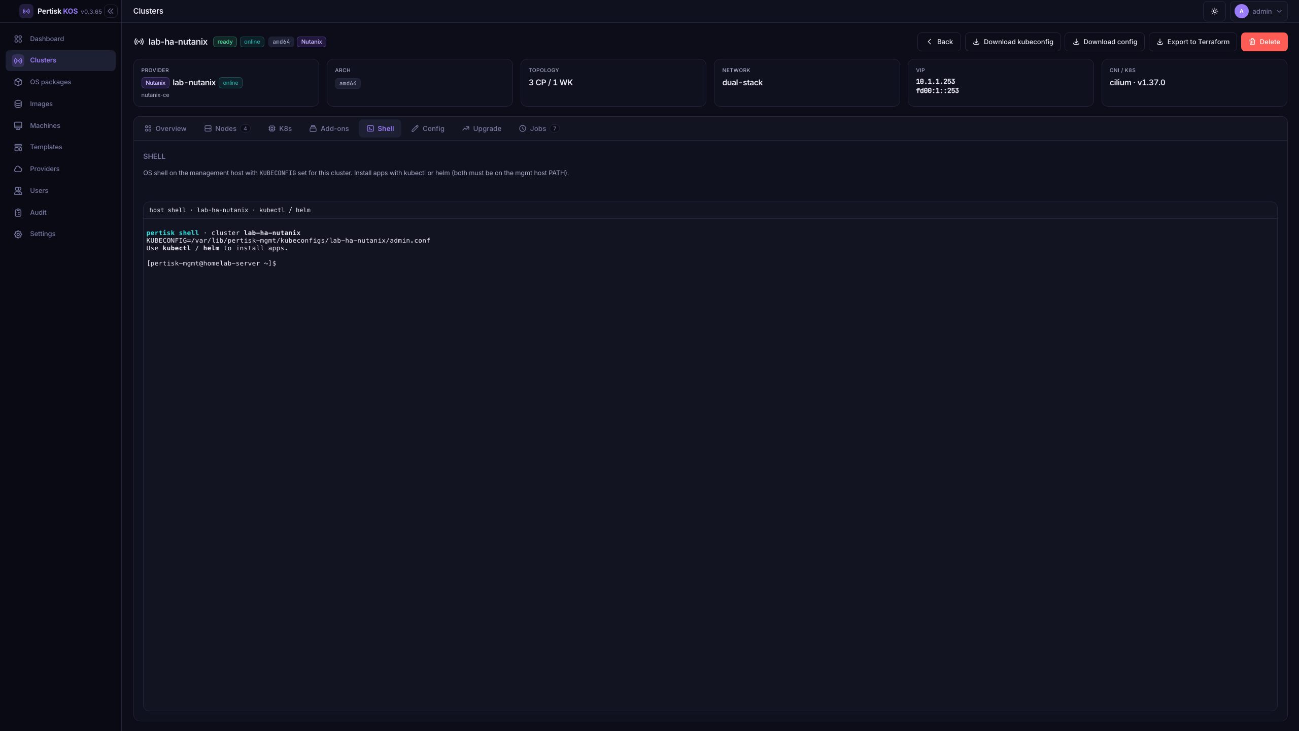 Cluster Shell — kubectl and helm on the management host