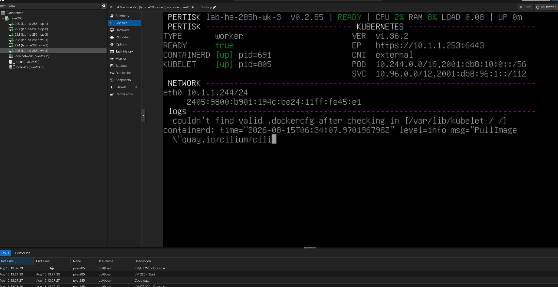 pertiskd serial console dashboard on a worker node