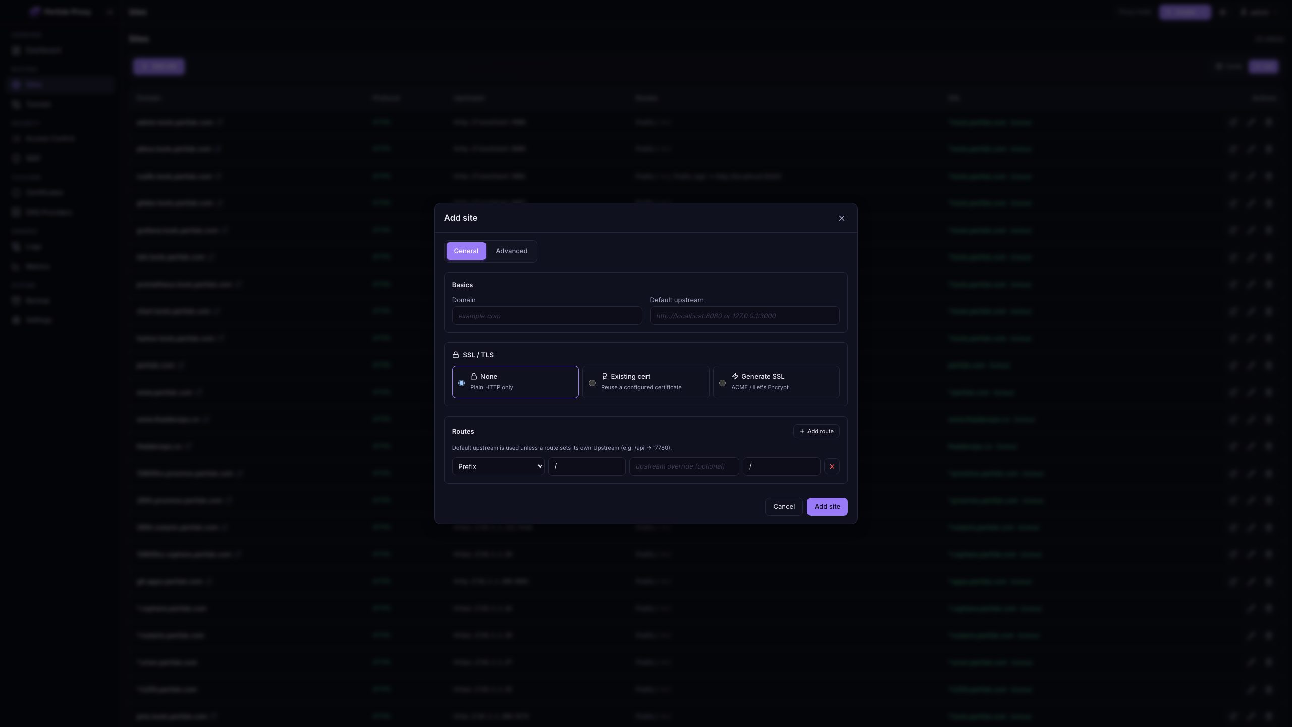 Add site modal with domain, upstream, and TLS options
