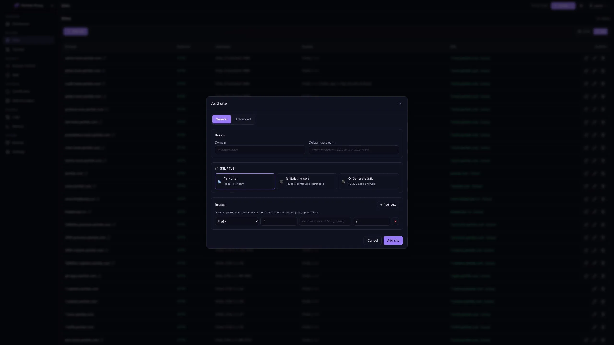 Add site modal with domain, upstream, and TLS options