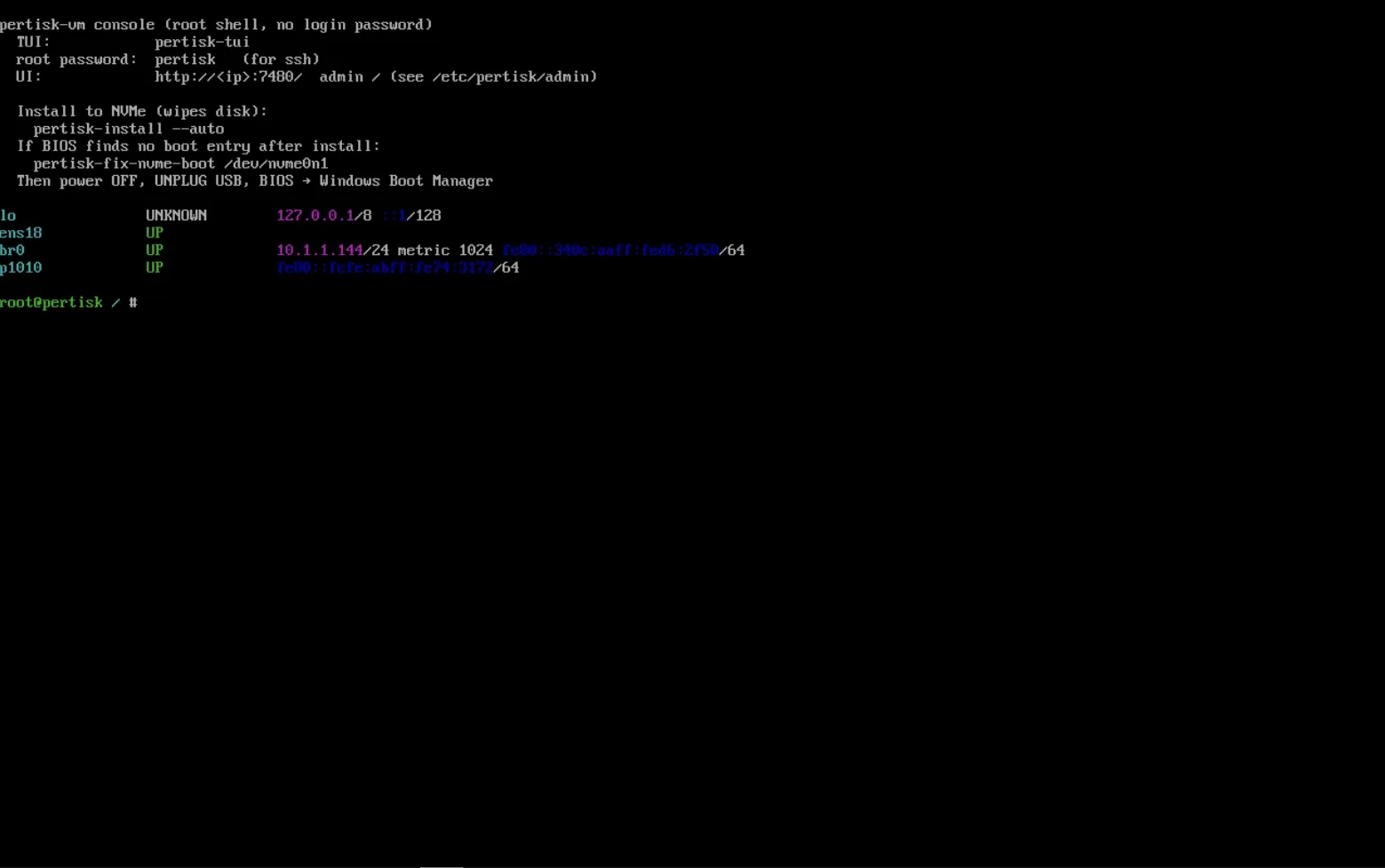 pertisk-vm host console MOTD with LAN IP and root shell