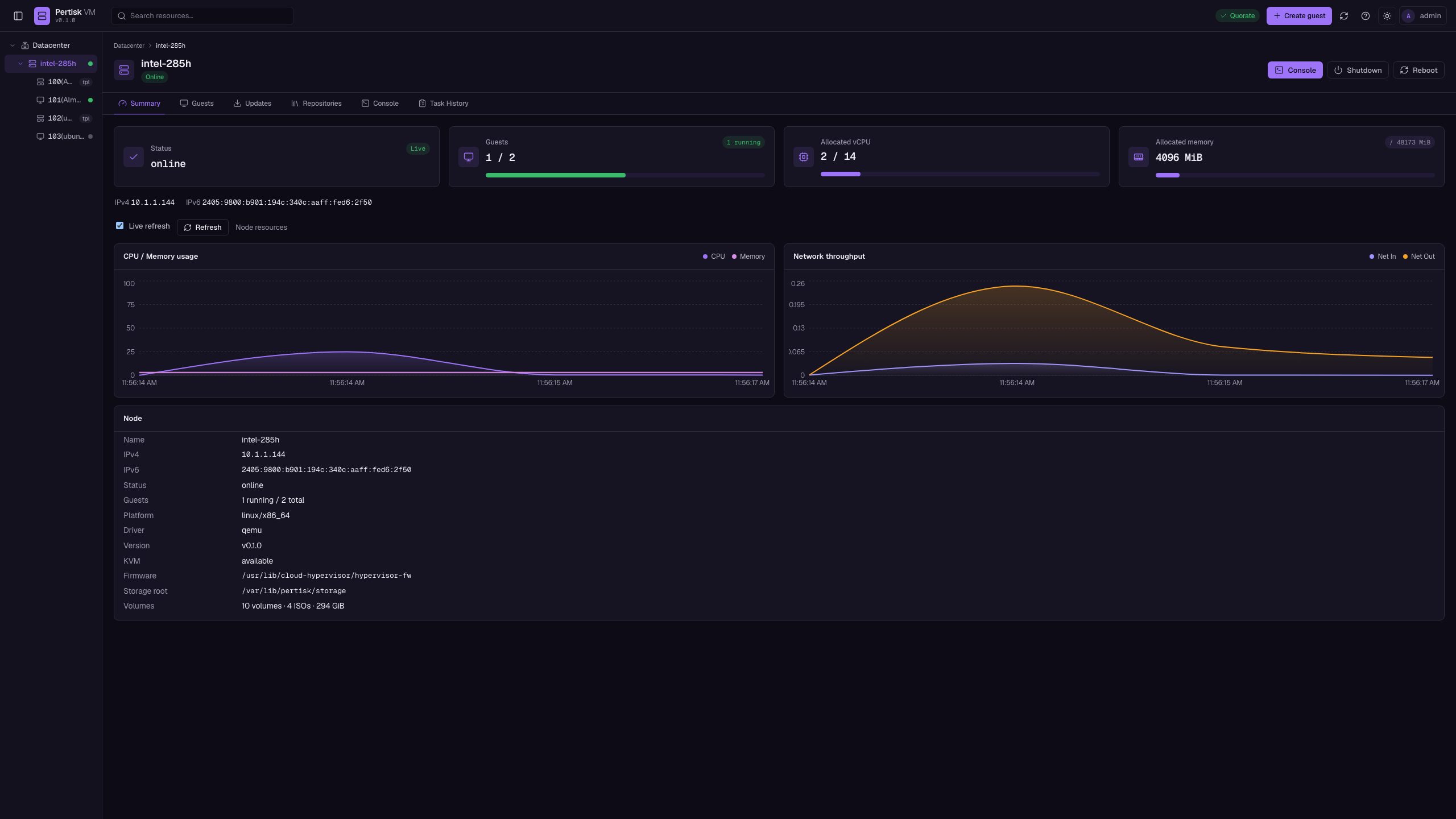 Node summary with live host metrics