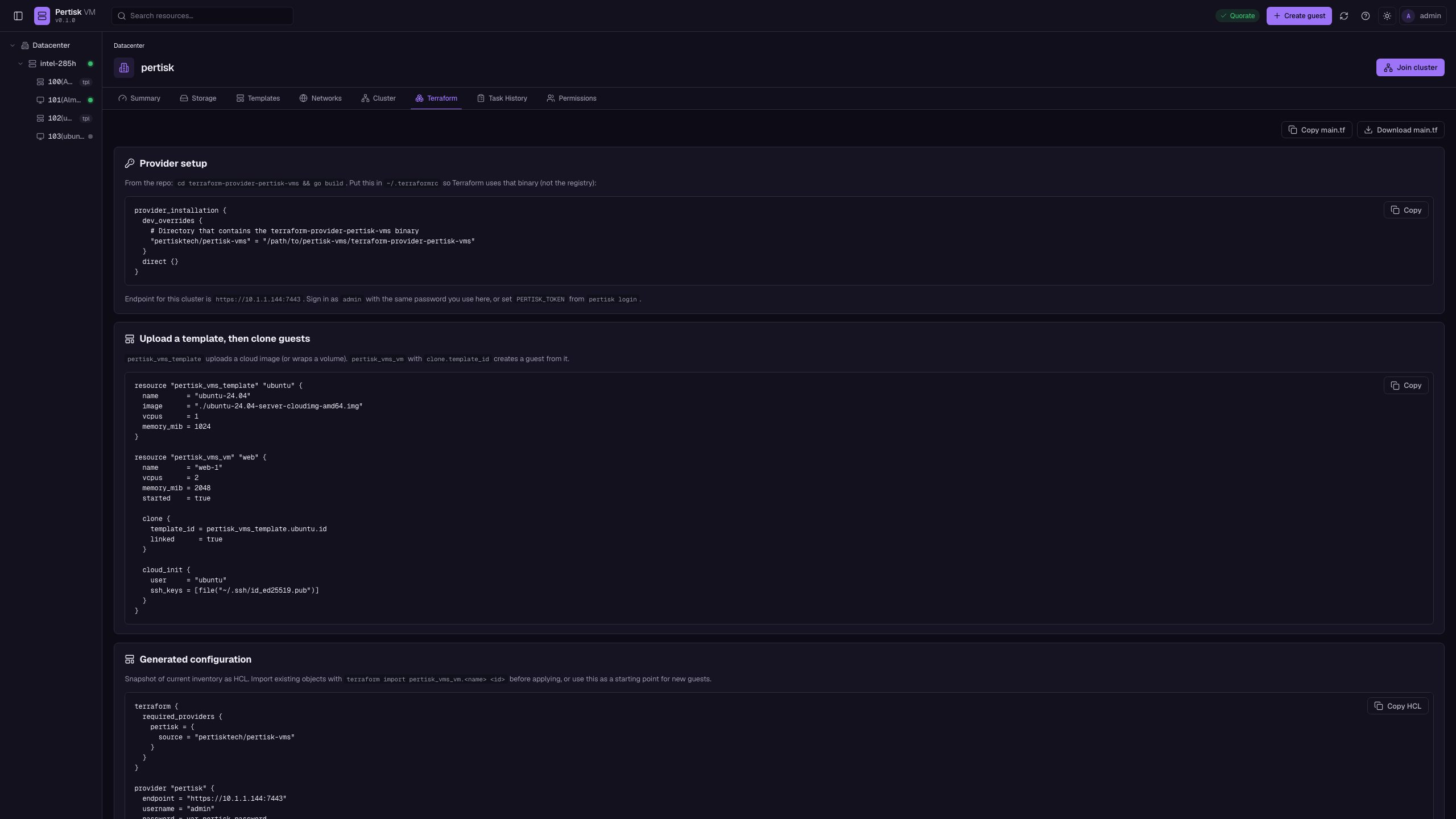Terraform export: provider setup, template clone, generated HCL